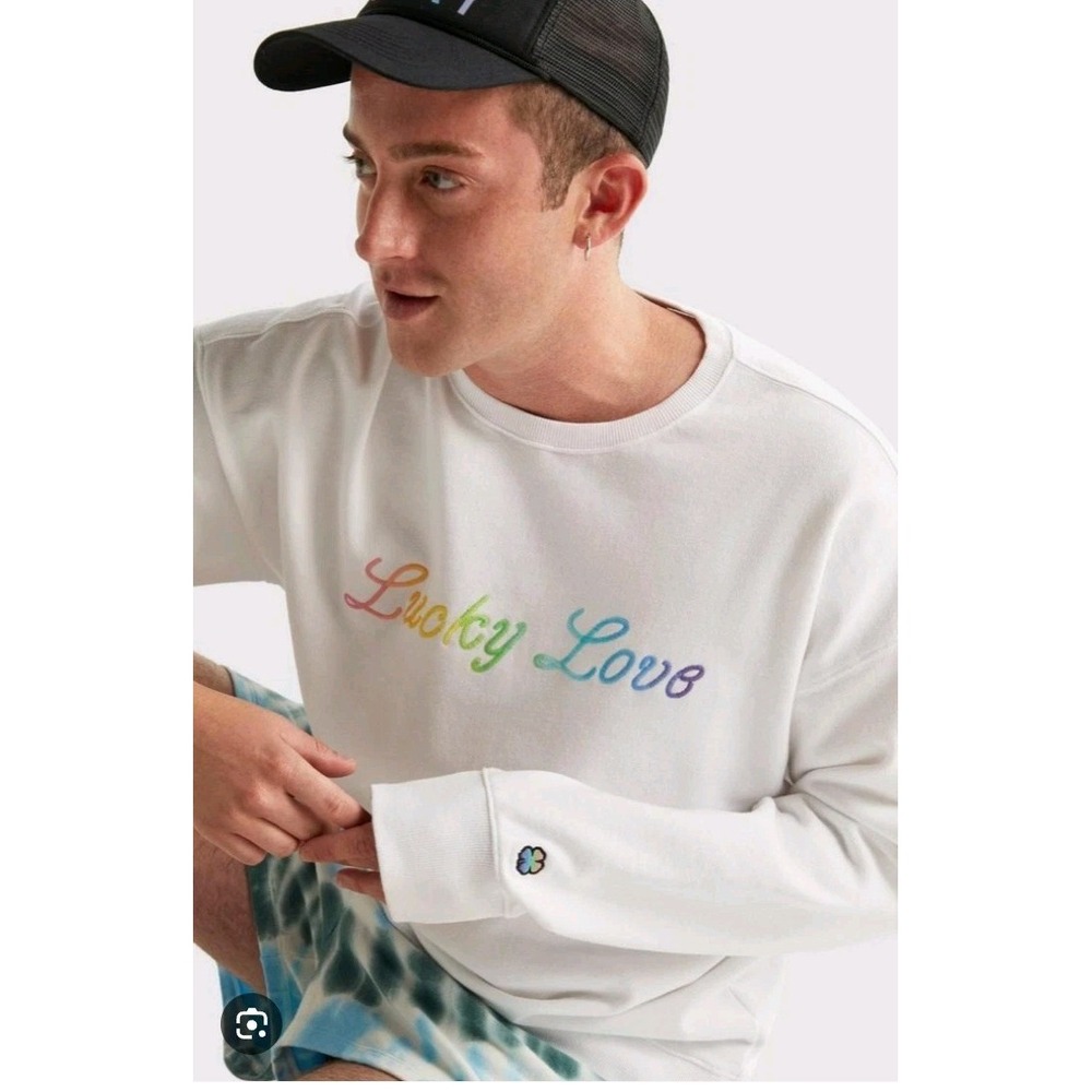 Lucky Brand Lucky Love Embroidered Crew Sweatshirt Small Men Unisex White